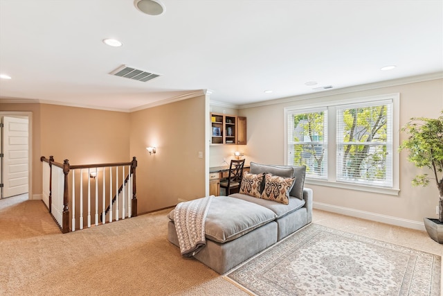 sitting room featuring an upstairs landing, light carpet, ornamental molding, baseboards, and recessed lighting