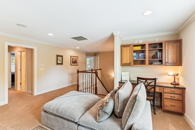 living room featuring light colored carpet, ornamental molding, baseboards, and recessed lighting