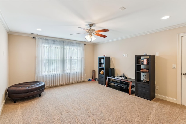 misc room featuring carpet flooring, ornamental molding, ceiling fan, recessed lighting, and baseboards