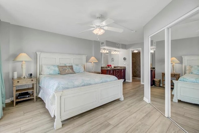 bedroom with ceiling fan and light wood-type flooring