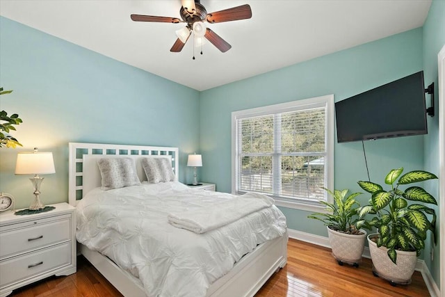 bedroom featuring ceiling fan and wood-type flooring