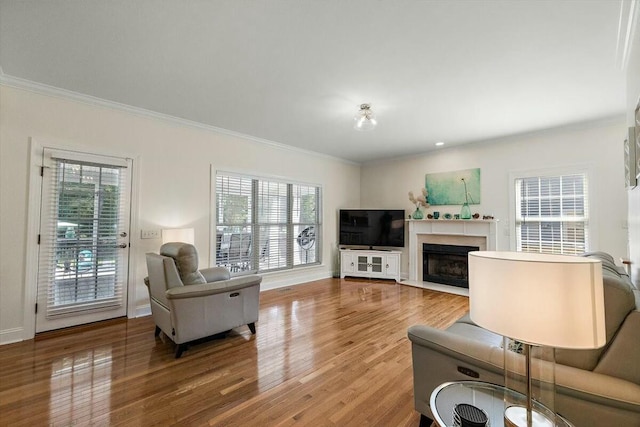 living room featuring crown molding and wood-type flooring