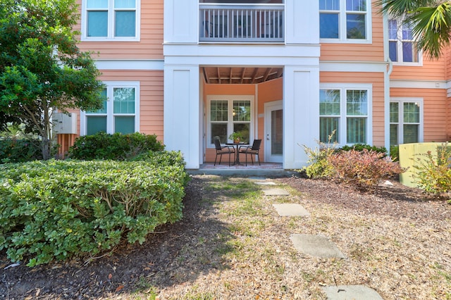 view of exterior entry featuring a patio