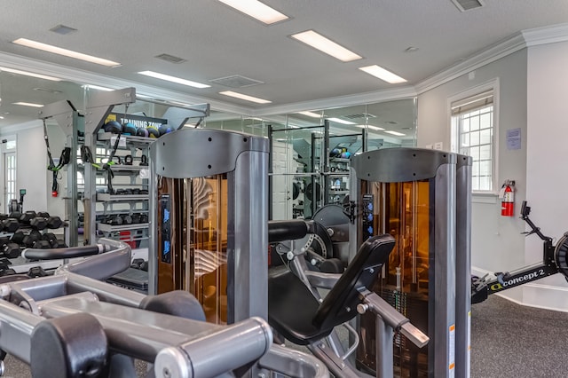 exercise room featuring ornamental molding and a textured ceiling