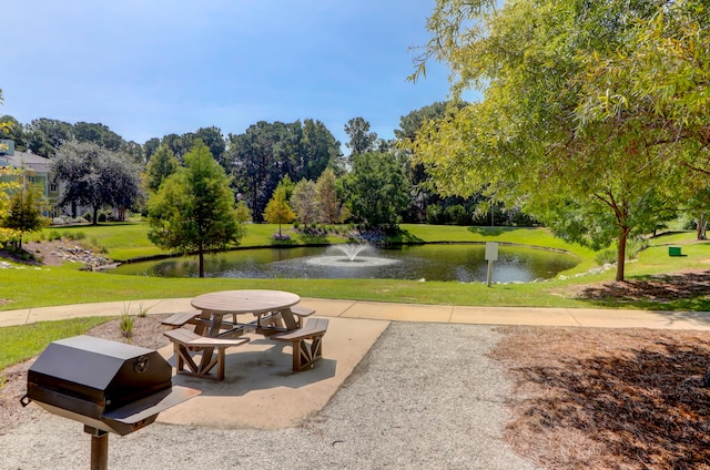 view of community featuring a water view and a lawn