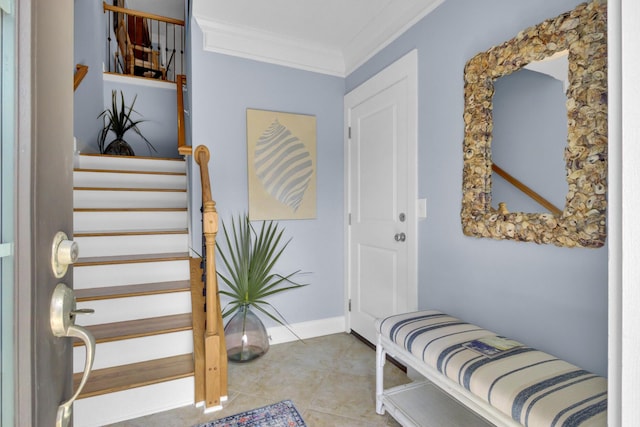 tiled entryway with crown molding