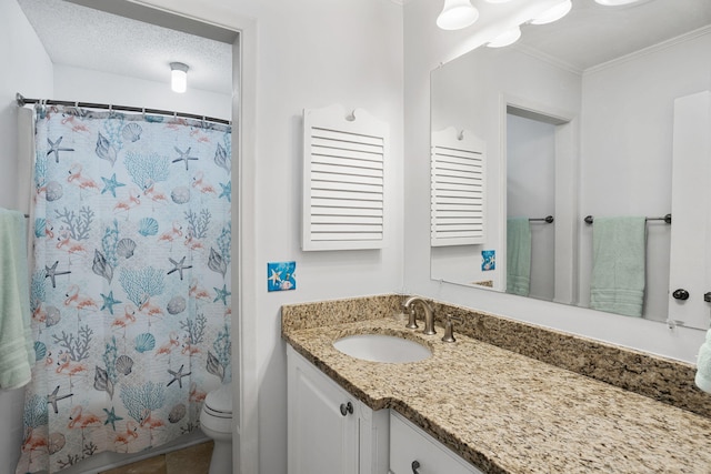 full bathroom with vanity, toilet, ornamental molding, and a shower with curtain