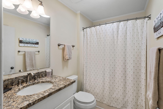 bathroom with ornamental molding, vanity, toilet, and a shower with curtain