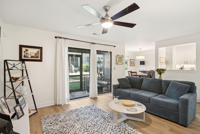 living room with ceiling fan and light wood-type flooring