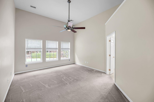 1445 Ashley Gardens Blvd, Charleston, SC 29414 - spare room featuring carpet flooring, ceiling fan, baseboards, and high vaulted ceiling