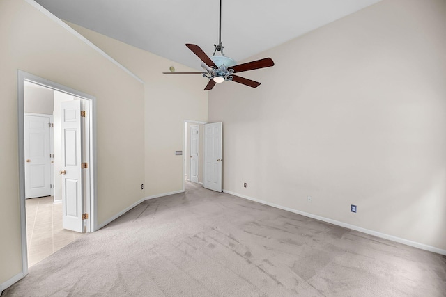 1445 Ashley Gardens Blvd, Charleston, SC 29414 - unfurnished bedroom with high vaulted ceiling, baseboards, carpet floors, and a ceiling fan