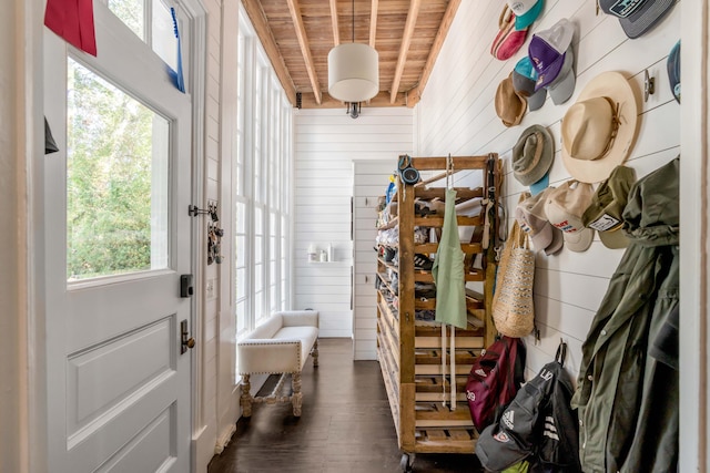 mudroom featuring dark hardwood / wood-style flooring, a wealth of natural light, wood walls, and wood ceiling