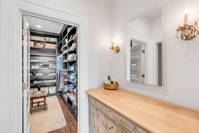 walk in closet with dark wood-type flooring