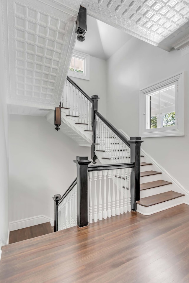 stairs with hardwood / wood-style flooring