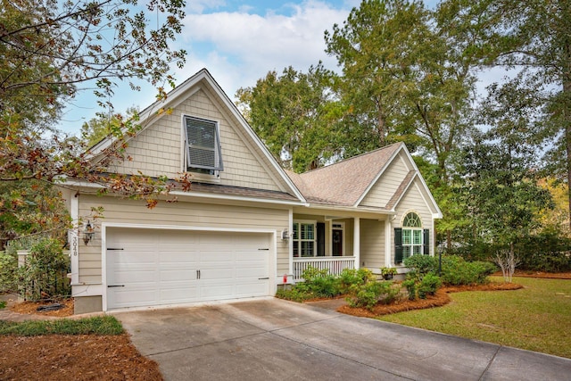 view of front of house featuring a front lawn, covered porch, and a garage