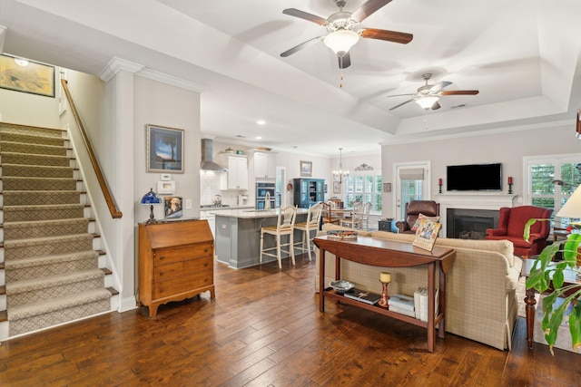 living room featuring ceiling fan with notable chandelier, a raised ceiling, and dark wood-type flooring