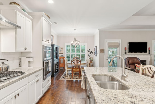 kitchen with white cabinetry, sink, dark hardwood / wood-style floors, and ornamental molding