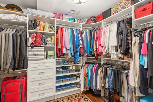 spacious closet with dark wood-type flooring