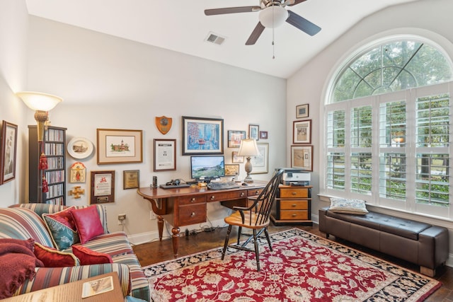 office space with wood-type flooring, ceiling fan, and lofted ceiling