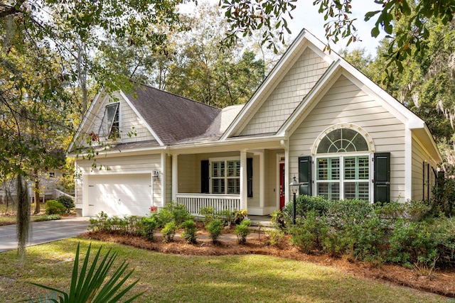 craftsman-style home with a garage, covered porch, and a front lawn