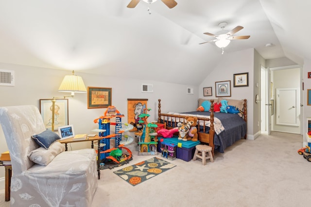 carpeted bedroom featuring ceiling fan and lofted ceiling