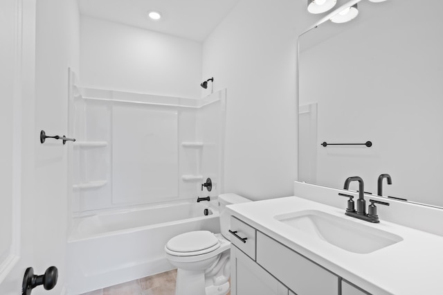 full bathroom with toilet, vanity, and bathing tub / shower combination