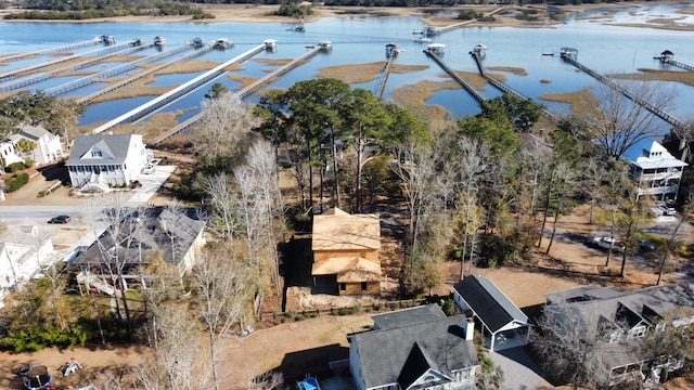 drone / aerial view with a water view