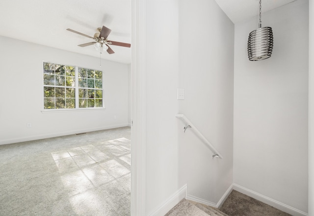 stairway with ceiling fan and carpet floors