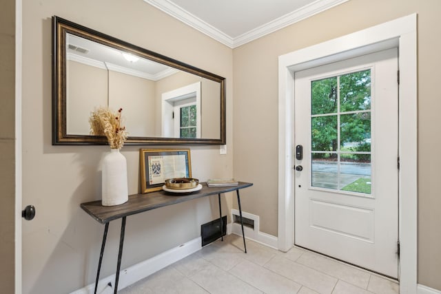 doorway to outside featuring light tile patterned flooring and crown molding