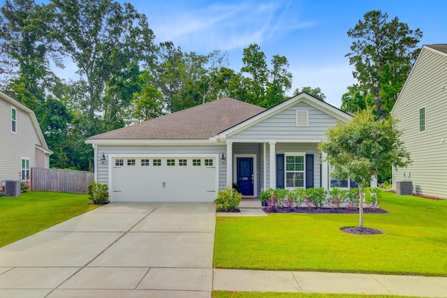 ranch-style house featuring central AC, a garage, driveway, and a porch