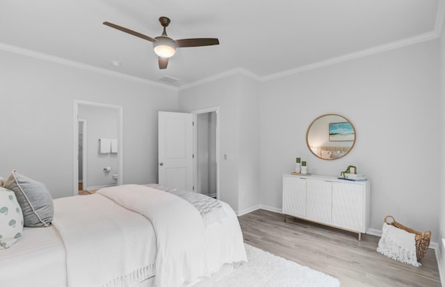 bedroom with wood finished floors, ornamental molding, baseboards, a ceiling fan, and connected bathroom