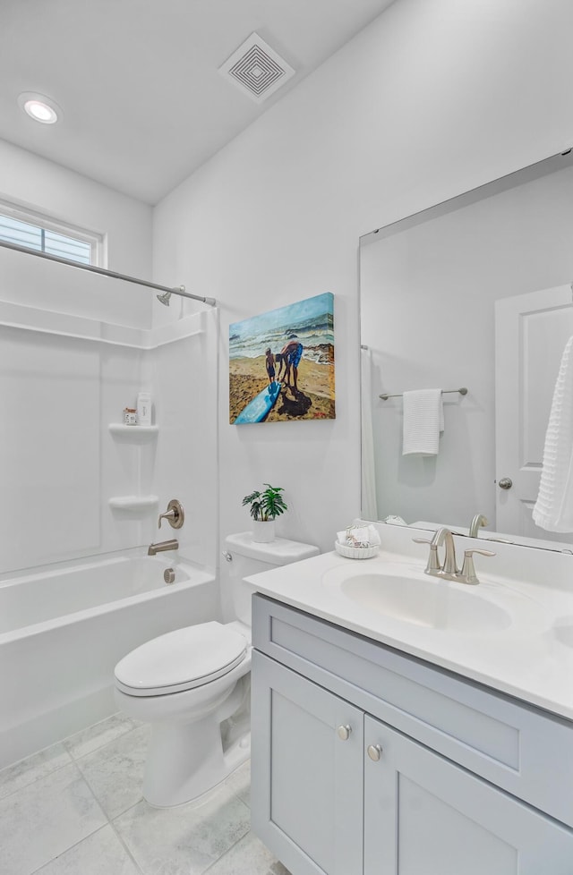 bathroom with vanity, toilet, shower / tub combination, and recessed lighting