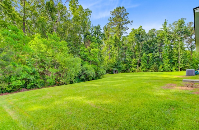 view of green lawn with golf course view, view of scattered trees, and cooling unit