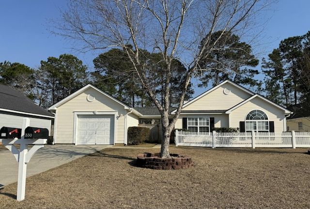 ranch-style home with concrete driveway, an attached garage, and fence