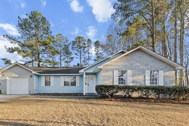 ranch-style house featuring a garage, a front lawn, concrete driveway, and brick siding