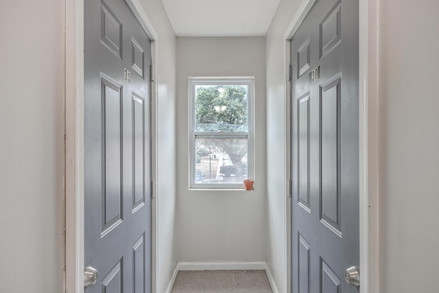 doorway to outside with carpet floors