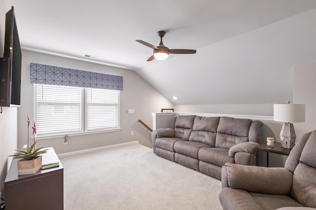627 Macintyre Cir, Summerville, SC 29486 - carpeted living area with ceiling fan, lofted ceiling, and baseboards