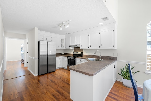 kitchen with dark countertops, dark wood finished floors, stainless steel appliances, and a sink