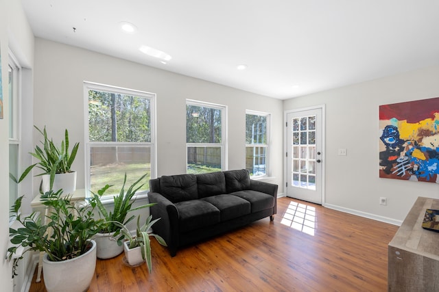 living room featuring baseboards, wood finished floors, and recessed lighting