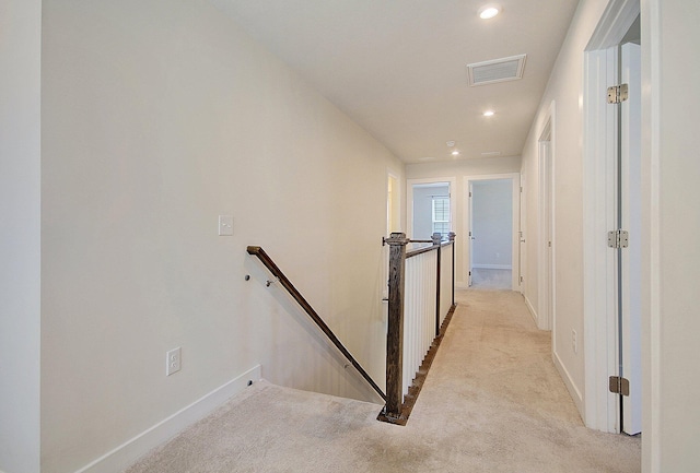 staircase featuring carpet floors