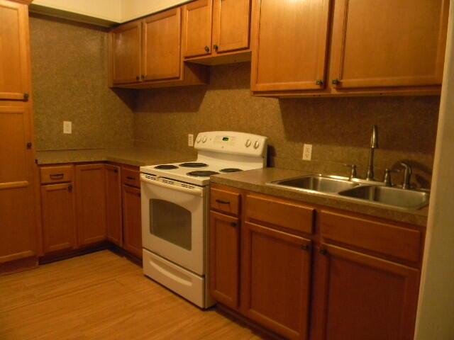 kitchen with white electric range oven, light hardwood / wood-style flooring, and sink