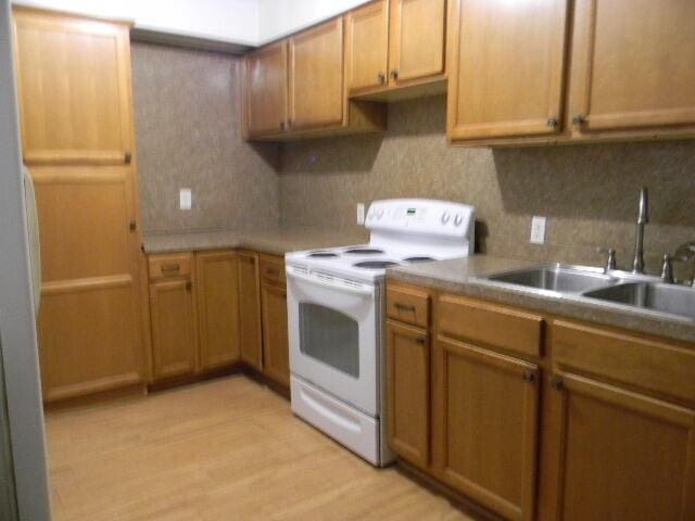 kitchen featuring backsplash, sink, light hardwood / wood-style floors, and white appliances