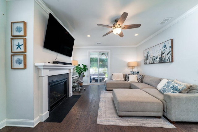 1630 Mermentau St, Mount Pleasant, SC 29466 - living area featuring a ceiling fan, a fireplace with flush hearth, wood finished floors, crown molding, and recessed lighting