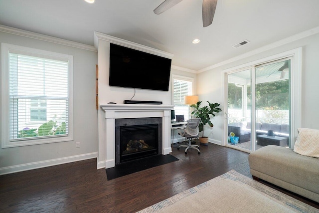 1630 Mermentau St, Mount Pleasant, SC 29466 - living room featuring ceiling fan, plenty of natural light, a fireplace with flush hearth, dark wood finished floors, and crown molding