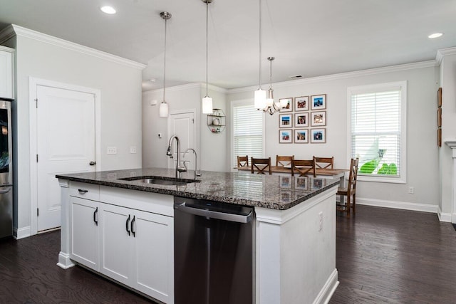 1630 Mermentau St, Mount Pleasant, SC 29466 - kitchen featuring dishwasher, dark wood-style flooring, a chandelier, dark stone countertops, and ornamental molding