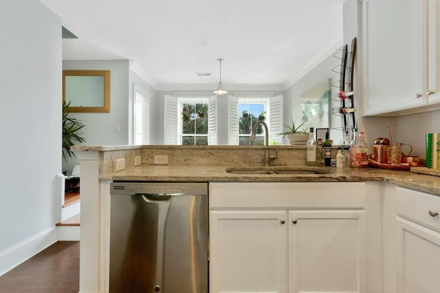 kitchen featuring sink, crown molding, dishwasher, light stone counters, and white cabinets