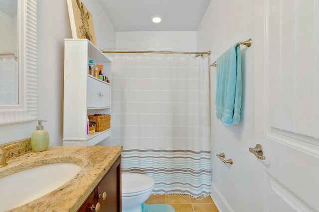 bathroom featuring vanity, tile patterned floors, toilet, and a shower with shower curtain