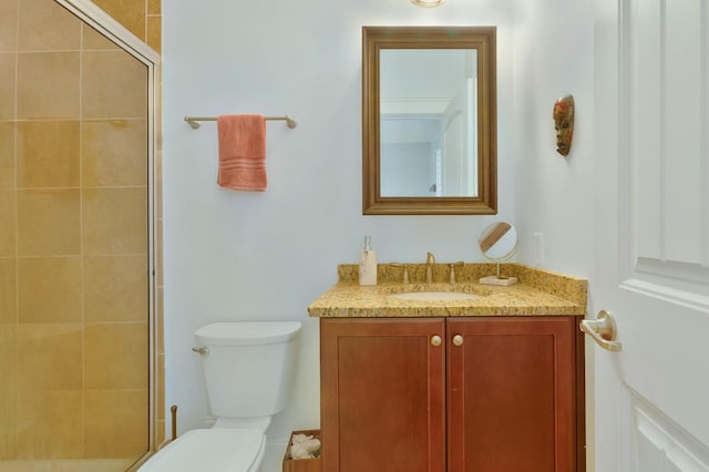 bathroom featuring vanity, toilet, and a shower with shower door