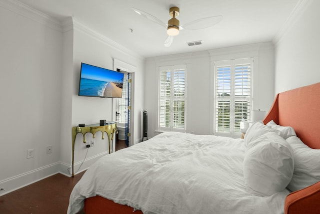 bedroom featuring crown molding, dark hardwood / wood-style floors, and ceiling fan