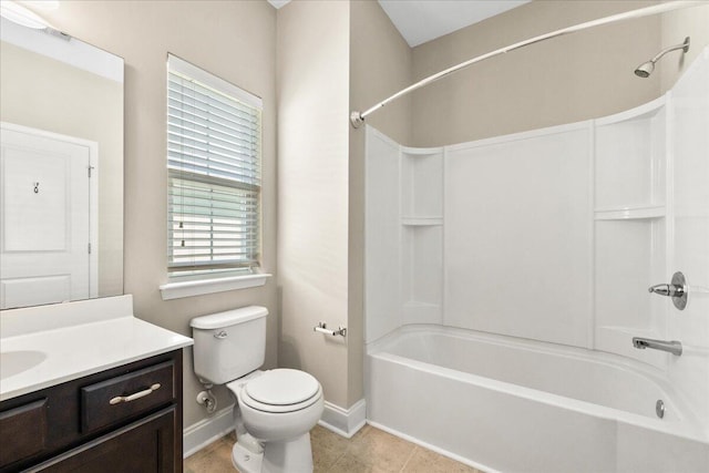 full bathroom with vanity, shower / tub combination, tile patterned floors, and toilet